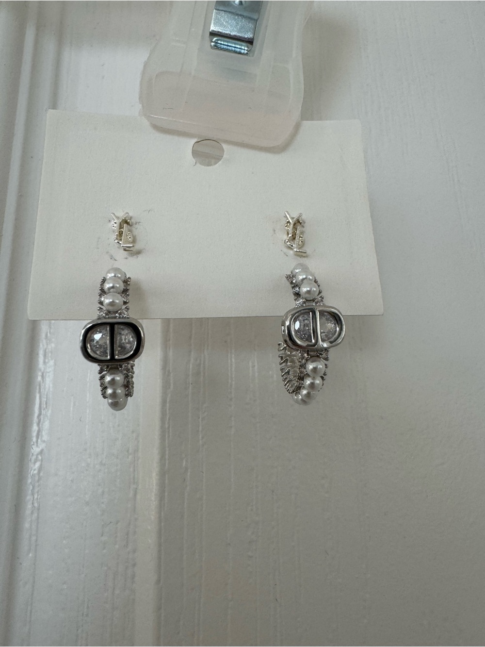 Silver Pearl Hoop Earrings with Crystal Accent - Women Jewelry